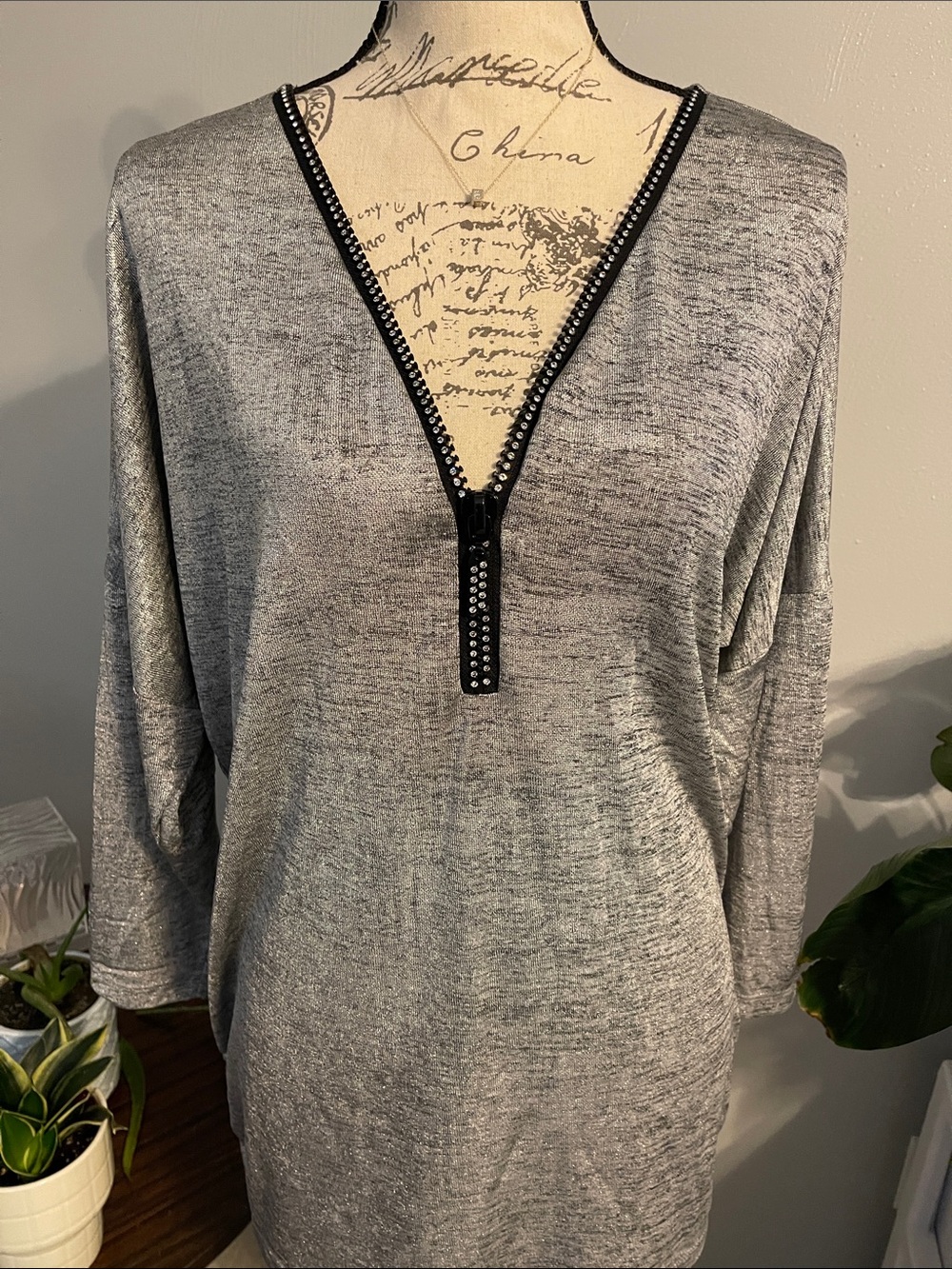 JM Collection Gray Long Sleeve V-Neck Top with Stud Trim